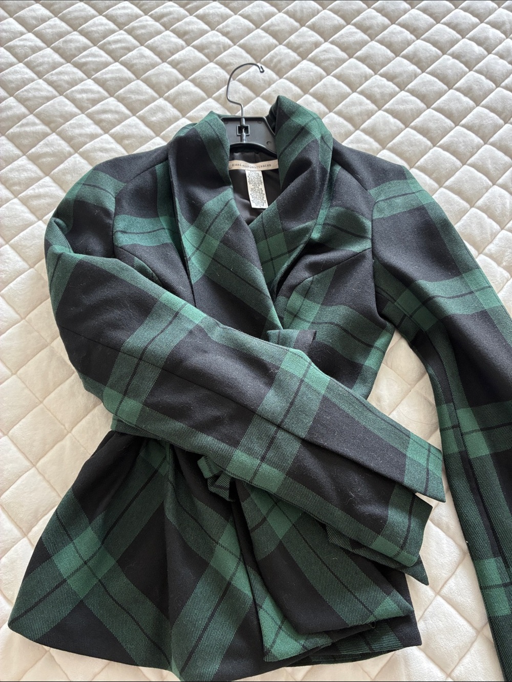 Diane Von Furstenberg Black and Forest Green Plaid Wrap Blazer with Belt - Picture 3 of 7